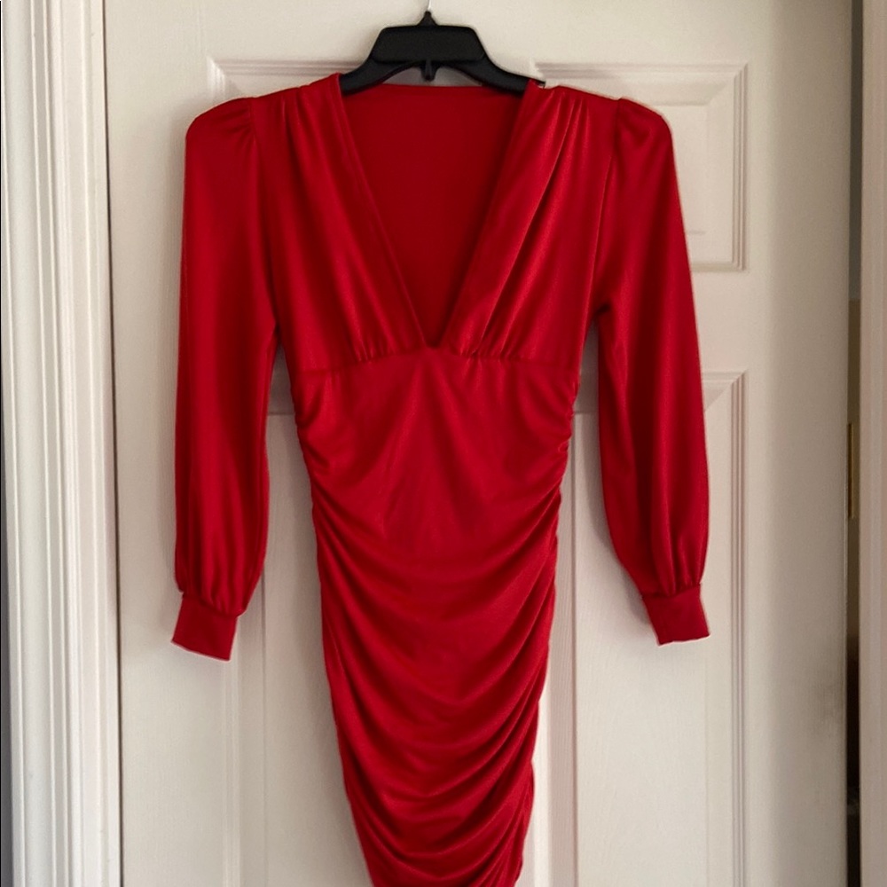 Red Ruched Bodycon Dress with Puff Sleeves